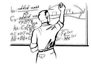 Sketch of a lecturer deriving added-mass relations at a blackboard